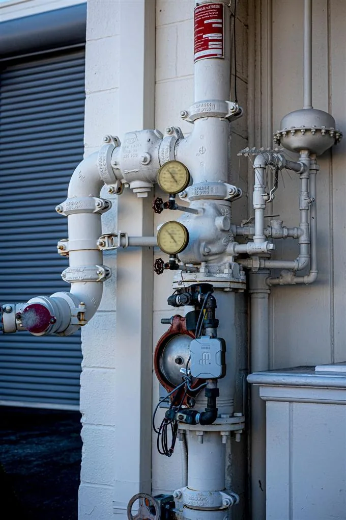 Prumada predial com registros, manômetros e medidor instalados na parede.