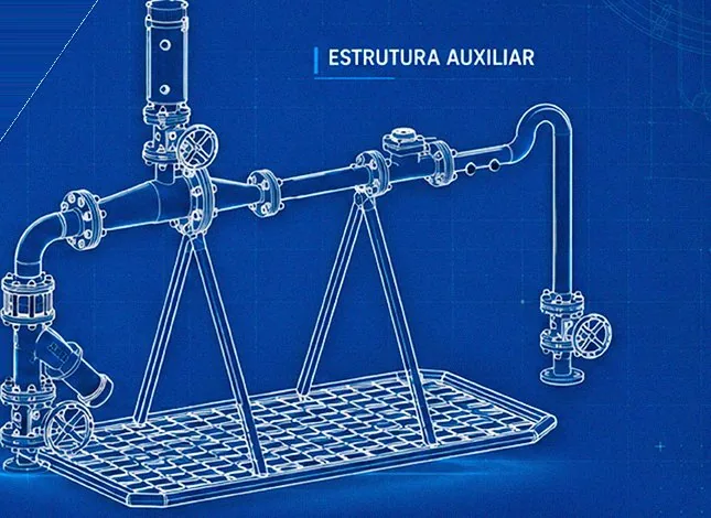 Desenho em linha da estrutura auxiliar: o cavalete apoiado sobre cavaletes metálicos em um skid com piso gradeado.