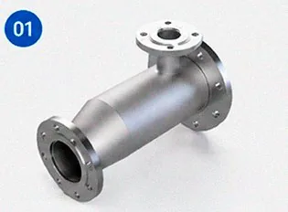 Aglutinador de ar em aço inox, com flanges nas duas extremidades.