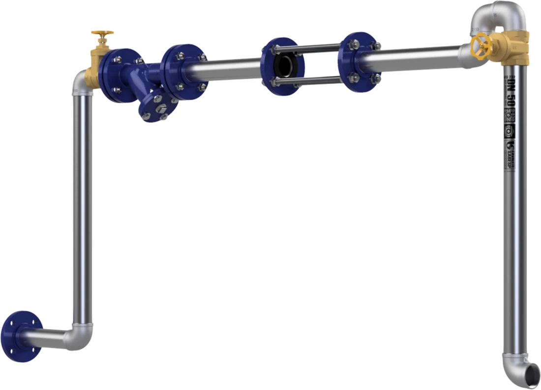 Cavalete padrão Sabesp Hidrogên DN50 em aço inox, com registros de manobra, válvula de retenção e trecho de medição.