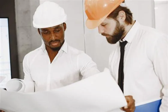 Dois engenheiros conferindo o projeto e a faixa de DN antes da especificação.