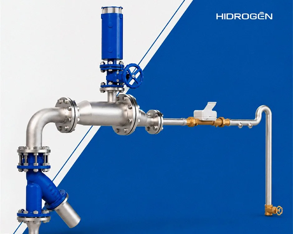 Conjunto para poço profundo em aço inox: filtro Y invertido e válvula de retenção na entrada, ventosa tríplice função na vertical, trecho de medição com hidrômetro e curva tipo corcova com registro final.